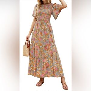 Floral Print Short Flutter Sleeve Crew Neck Smocked High Waist Flowy Maxi Dress